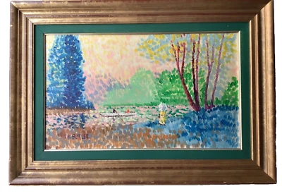 Th. BUTLER - Pointillist 印象派油画布 1980 年代 - Woman by the Lake — 第 1/4 张图片