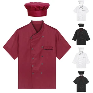 Unisex Mens Womens Chef Kitchen Uniform Workwear Jacket Hotel Coats With Hat Set - Picture 1 of 57