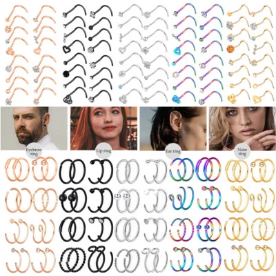 16-32Pcs Nose Ring Surgical Steel Screw Nose Stud Nostril Pin Body Jewelry 20G - Image 1 of 4