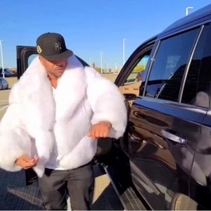 Men Natural White Real Fox Fur Coat Winter Warm Fur Jackets Fluffy Fur Outerwear - Picture 1 of 6