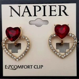 NAPIER Romantic Gold Ruby Red/Clear Crystal Heart EZ-Comfort Clip On Earrings - Picture 1 of 3