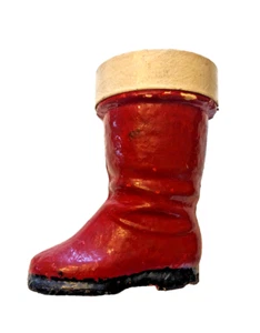 Vintage 1940-30er Pappmaché rot & weiß Weihnachtsmann Stiefel Süßigkeiten Behälter 5,5" hoch Rarität - Bild 1 von 14