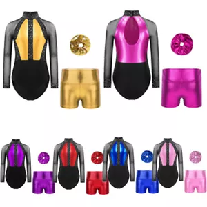 Kids Girls Set Mesh Suit Metallic Outfits Figure Costume Long Sleeve Dancewear - Picture 1 of 80