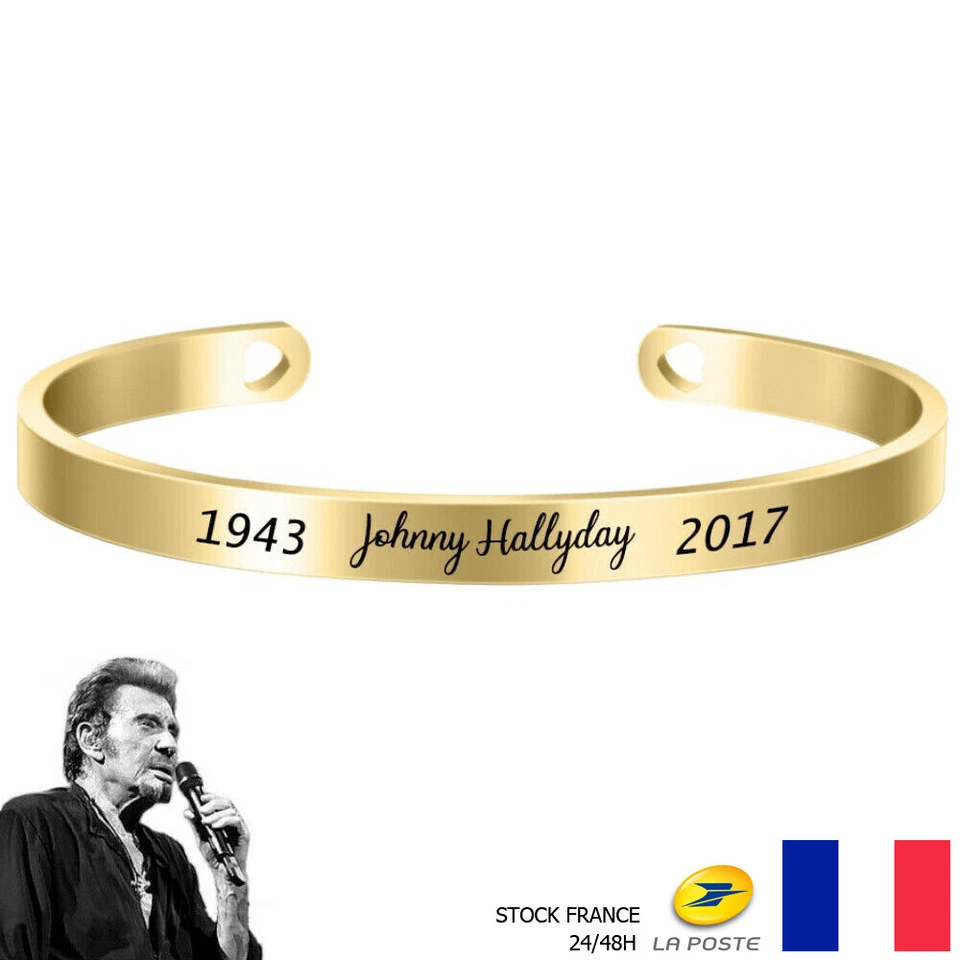 Bracelet Johnny Hallyday Acier Inoxydable Prénom & Date - Doré - Photo 1/2