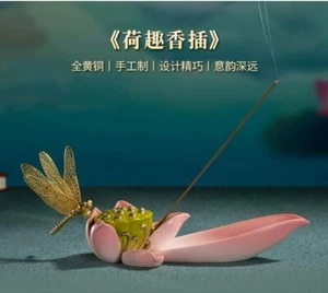 8.4" China Pure Bronze Painted Hand-carved Lotus Dragonfly Censer Statue - Bild 1 von 10