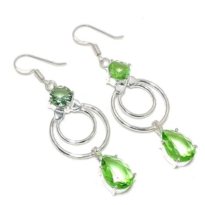 Green Tsavorite Gemstone Handmade 925 Sterling Silver Jewelry Earring Size 2.6" - Picture 1 of 1