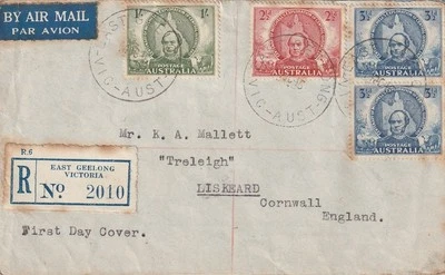 AUSTRALIA: Registered airmail FDC cover East Geelong to England 1946. - Image 1 of 2