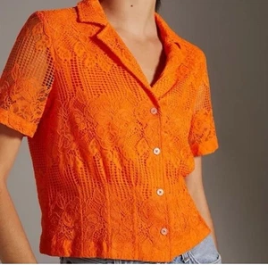 Maeve Anthropologie Spitze Button Down Top Kurzarm Orange Größe Medium - Bild 1 von 8