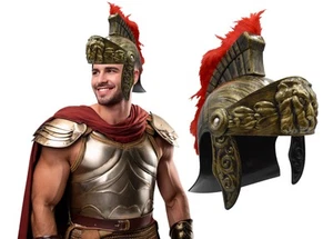 Adult Gold Roman Helmet Spartan Greek With Red Feathers Armor Gladiator Costume - Picture 1 of 37