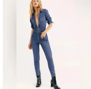 Free People Lennox Utility Jumpsuit Blau Denim Jeans Größe Large Top Zustand  - Bild 1 von 12