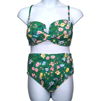Bikini de natación LOFT talla XXL verde floral bandeau parte inferior cintura alta NUEVO NUEVO CON ETIQUETAS Foto 1 de 4