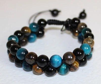 Браслет регулируемый тройной защиты черный обсидиан тигровый глаз и синий тигр' - Изображение 1 из 3