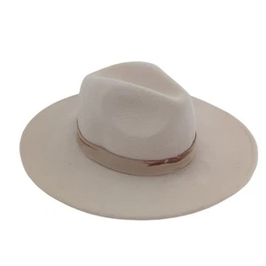 Free People Women's Wide Brim Fedora Boho Hat Beige Wool Leather Band Wythe - Picture 1 of 10