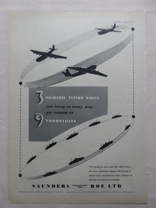 3/1952 PUB SAUNDERS ROE PRINCESS FLYING BOAT HYDRAVION ORIGINAL AD - Imagen 1 de 1