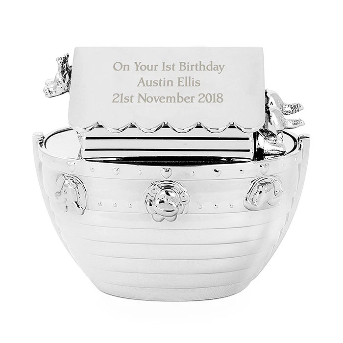 Personalised Boat Money Box. Silver Noahs Ark Moneybox Christening Gift Birthday