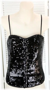 Show Time Black Sequins Boned Lace Up Back Clip Front Shirley's Corset Size M - Picture 1 of 10