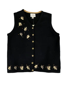 Christopher & Banks Women Size M Vest Black Knitted and Embroidered Leaves  - Picture 1 of 11