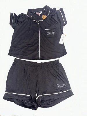 JUICY COUTURE Women Button Down Shirt and Shorts Pajama/Lounge Set BLACK Size M - Image 1 of 3