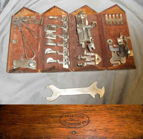 1889 Antique Singer 27 Oak Puzzle Box with Sewing Machine Attachments + Wrench Cover