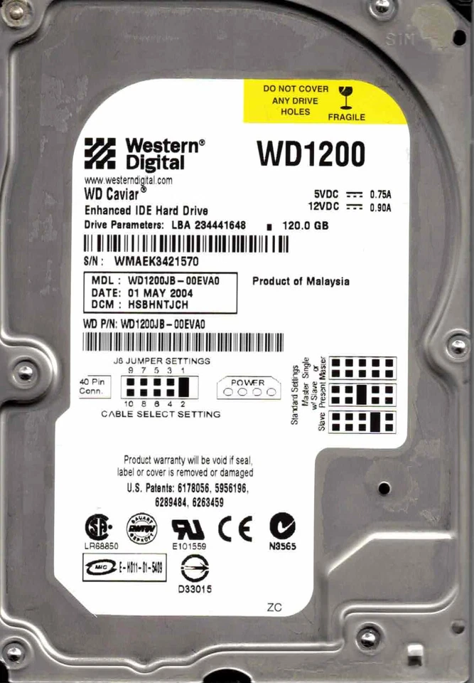 WD1200JB-00EVA0,   HSBHNTJCH  WESTERN DIGITAL IDE 120GB MAY 2004 WMAE - Image 1 of 1