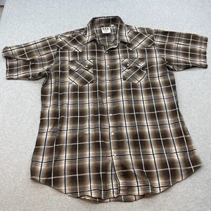 Ely Cattleman Shirt Men XLT Brown Plaid Western Short Sleeve Pearl Snap Sawtooth - Picture 1 of 15
