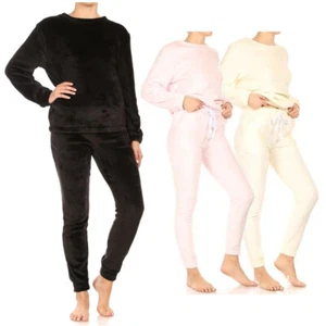 Womens Pajama Set Double Plush Faux Fur Long Sleeve Sweatshirt & Jogger Pants - Picture 1 of 18