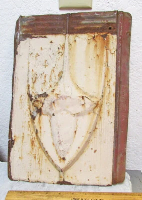 vintage galvanized embossed tin shingle Barn roof, rusty & paint chips, 14 x 10 - Image 1 of 4