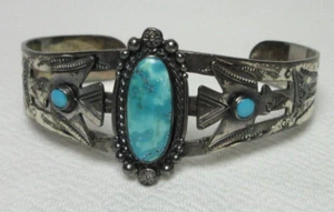 BRACCIALE VINTAGE NAVAJO ARGENTO STERLING TUONO UCCELLINO TURCHESE - Foto 1 di 13