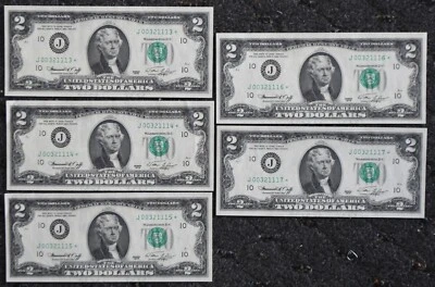 5 1976 $2 Two Dollars Federal Reserve Star Notes J KC Sequential J00321113*-117* - Image 1 of 2
