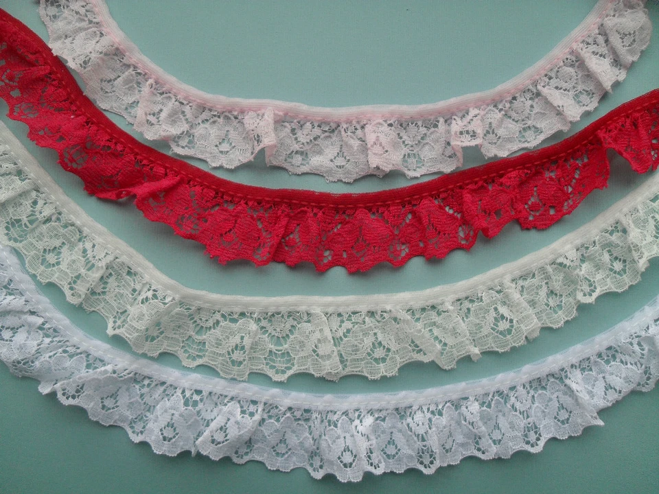 Pretty Frilled Gathered Nottingham Lace White, Black, Pink, Red