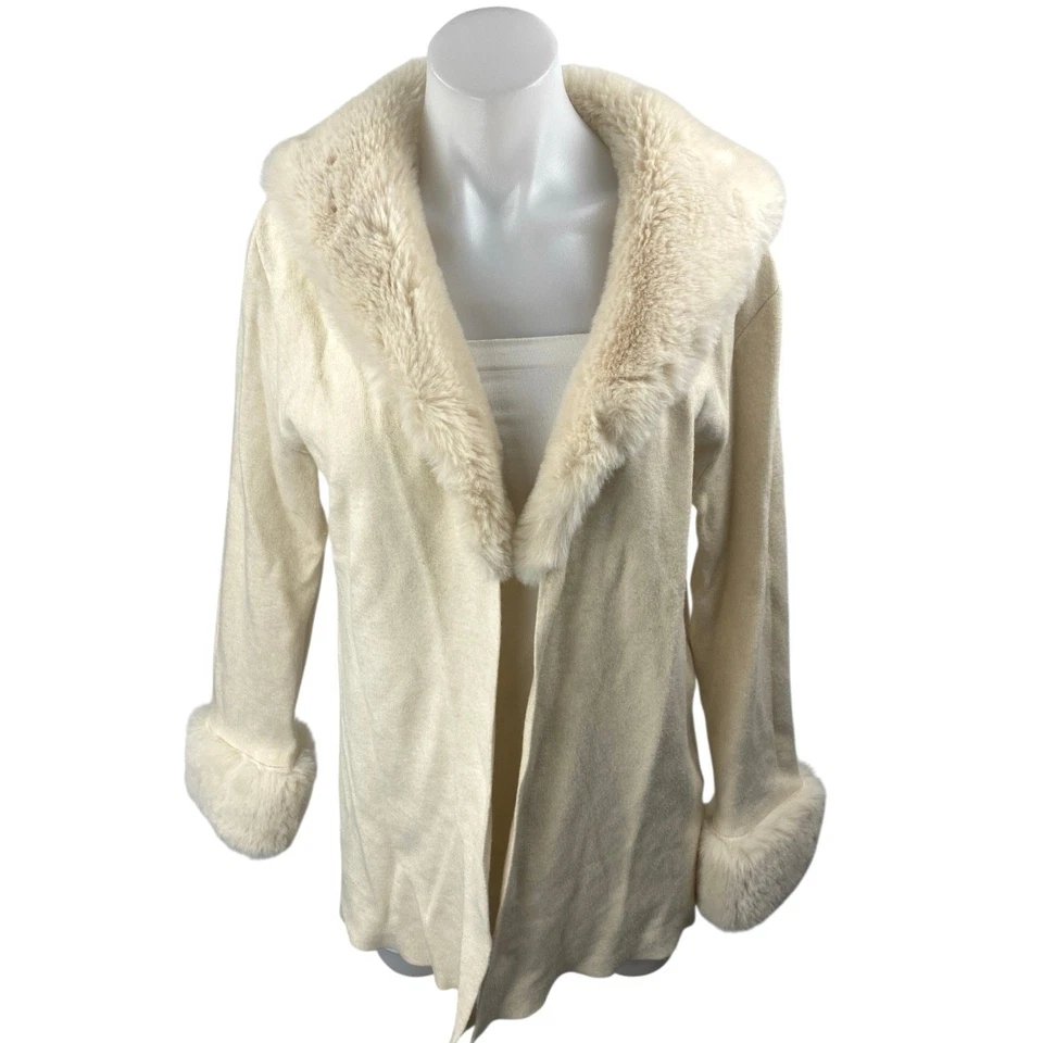 Cárdigan suéter top cuello chal piel sintética manga larga crema Sioni para mujer talla M Foto 1 de 3