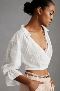Anthropologie White Surplice Banded Deep V Collated Blouse sz 2X EUC - Picture 1 of 12