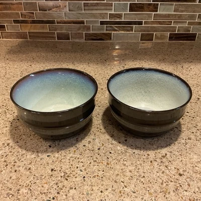 Juego de 2 cuencos de gres Gibson Everyday marrón moteado verde bandas rústicas Foto 1 de 4