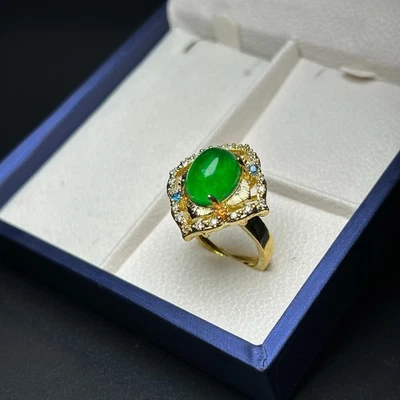 Natural Ice Green inlay Jade jadeite Vintage Women Adjustable Size Ring - Image 1 of 4
