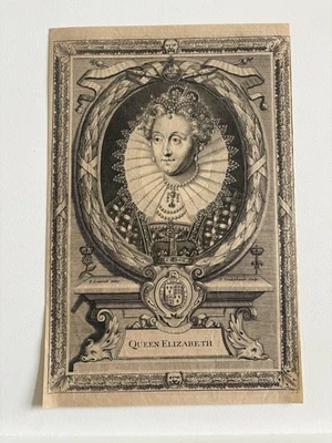 Gravura antiga da rainha Elizabeth I – retrato real Tudor, J. Passe, 19º C - Imagem 1 de 2