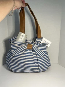 Del Mano Stoff blau gestreift mit Schleife Schultertasche Handtasche doppelte Griffe neu mit Etikett - Bild 1 von 24