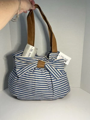 Del Mano ткани синяя полоса w/бант наплечная сумка сумочка двойной ручки новый с ярлыками - Изображение 1 из 4