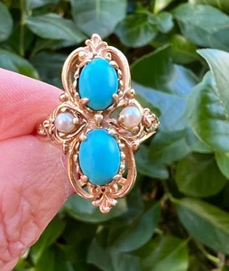 VINTAGE 14K YELLOW GOLD TURQUOISE AND PEARL LARGE RING STATEMENT ONE OF A KIND - Picture 1 of 24