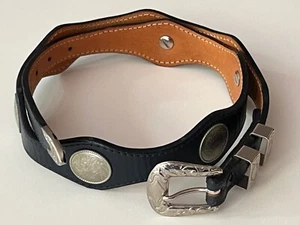 NEW NAVY LEATHER BELT SILVER CONCHO MEDALLIONS WESTERN FLYING E LEATHER TEXAS 32 - Picture 1 of 23