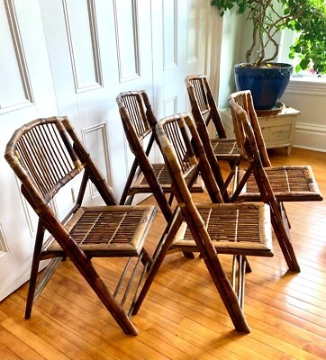 Juego de 5 sillas plegables Mid Century carey bambú ratán Foto 1 de 4