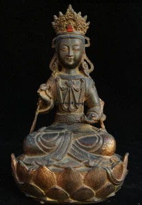 Antigua estatua de loto tibetana de bronce dorado sentado flor de loto Kwan-yin Guan Yin Avalokitesvara - Imagen 1 de 8
