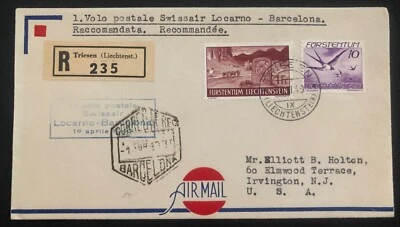 1940 年 Triesen Lichtenstein 首次飞行封面飞往新泽西州欧文顿美国通过巴塞罗那 — 第 1/2 张图片