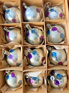 Vintage Blown Glass, Hand Painted Ornaments Poland, PURPLE & Blue, 5 Boxes Avail - Picture 1 of 13