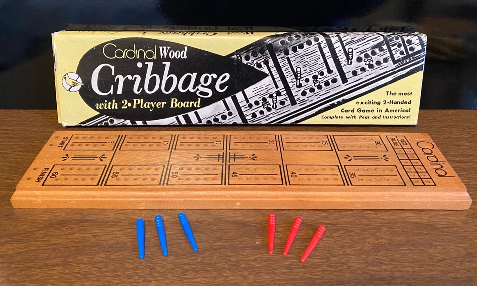 Vintage Cardinal Wood Cribbage Board with 6 Pegs and Box - 2 Player, No 61 - Image 1 of 4