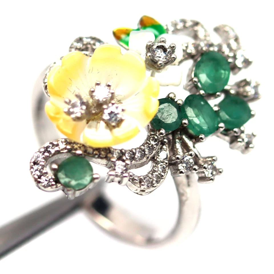 925 Silver Yellow - White Mother Of Pearl, Emerald & Zircon Ring Size 6.75 - Image 1 of 4