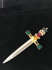 Vintage Unsigned Gold/Silver Tone Dagger Brooch/Pin Multi Color Rinestones - Picture 1 of 4