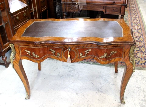 French Marquetry King Wood Louis XV Style Writing Desk With Glass Top Cover
