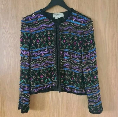 80s Vintage Papell Boutique Evening Party Jacket Multi-colored Silk Sequin S  - Image 1 of 4