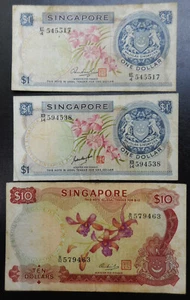 3 Singapore notes, $1 , $10 orchid flower series ten dollars 1973 banknotes lot - Picture 1 of 2