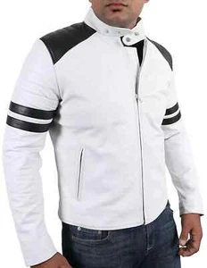 Leather Jacket New Men Biker Trendy White Handmade Genuine Lambskin Stylish Soft - Picture 1 of 5